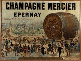 Big barrel of champagne exhibits at the Expo Universelle de 1889 - Advertising poster for Mercier champagne, late 19th century