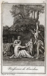 Birth of Bacchus, Son of Jupiter and Semele. Engraving from 1819 in 