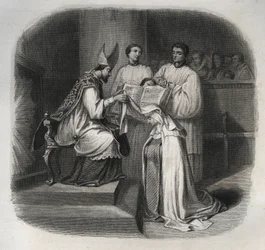 Blessed Mary of the Incarnation (Barbe Jeanne Avrillot) (1566-1618), French mystic, receiving the Carmelite veil in 1614. Engraving from 1846 in "Lives of the Saints". Private collection.