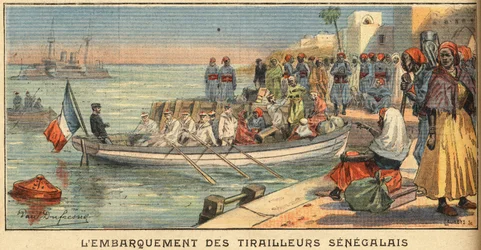 Boarding Senegalese riders with their wife. Engraving from the newspaper Le Petit Parisien, on 03/22/1908. Private collection.