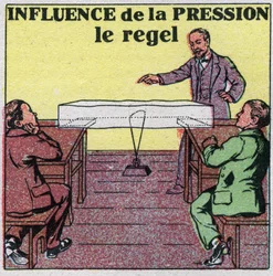 Changes in states: influence of pressure on fusion. Experience the regel or a wire stretched by a weight passes through a piece of ice without breaking it. Anonymous illustration from 1925. Private collection.