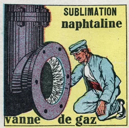 Changes in states: sublimation. Naphthaline depot clogging a gas valve. Anonymous illustration from 1925. Private collection.