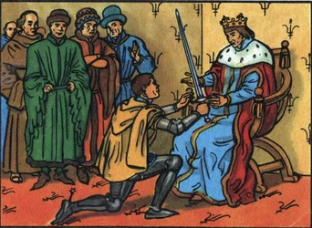 Charles V The Wise (1338-1380) solemnly hands over the sword of constable to Bertrand du Guesclin (1320-1380). Anonymous illustration in 
