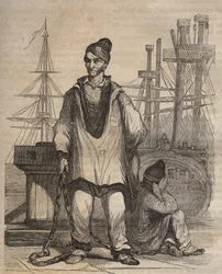 Convictions to perpetuity at the Rochefort Bagne in the 19th century. Engraving in Histoire des bagnes depuis leur création à nos jours (1877) by Pierre Zaccone.