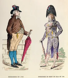 Costume of a Bourgeois and an Incredible in Gala Dress in 1788 - Private Collection