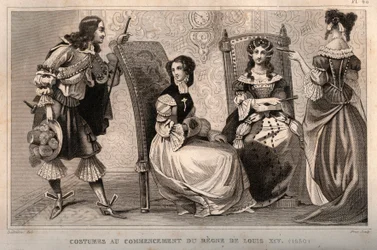 Costumes at the beginning of the reign of Louis XIV (1650). Engraving from 1859 in Le Monde. History of all peoples from the most remote times to the present day by M. E. de Lostalot-Bachoue. Private collection.
