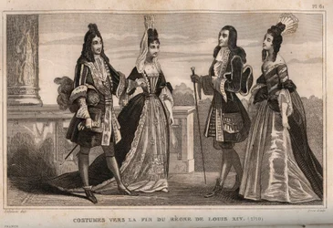 Costumes towards the end of the reign of King Louis XIV. Engraving from 1859 in 