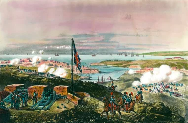 Crimean War (1853-1856) between Russia and the Ottoman Empire: the French and British allied with the Turks to besiege the Russian port of Sebastopol from 17 October 1854 to 8 September 1855. View from the English front. Engraving of the 19th century.