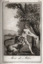 Death of Milon de Crotone devoured by a wolf. Engraving from 1819 in 