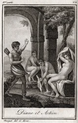 Diana and Actaeon. Diana surprised in the bath by the hunter Actaeon. Engraving from 1819 in 