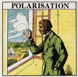 Double refraction: Etienne Louis Malus (1775-1812) observes through a spath the light of the setting sun reflected by the glass windows of Luxembourg in 1808. Anonymous illustration from 1925. Private collection.