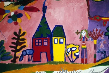 Drawing of children from the Rousse Cross School depicting birds, a girl and a house. Saint Brieuc, Saint-Brieuc.