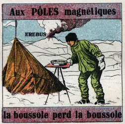 Earth magnetism: at magnetic poles, the compass loses the compass. Scientist James Clark Ross using a compass during his scientific expedition to Antarctica. Behind him is the Erebus volcano that he discovered in 1841. Anonymous illustration.