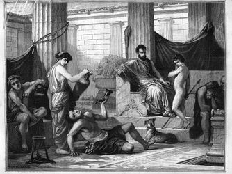 Education in Sparta in ancient Greece: a drunk slave is introduced to a young boy to show him the dangers of alcohol. Engraving from 1880 in “La République illustrée”, private collection.