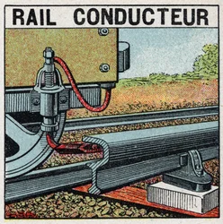 Electric railways: conductive rail. Anonymous illustration of 1925. Private collection.