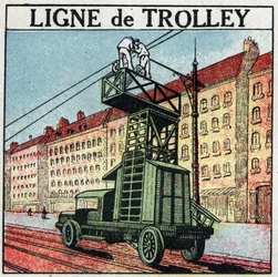 Electric trams: a trolley line. Anonymous illustration from 1925. Private collection.