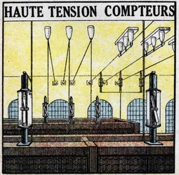 Electrical lines: high voltage meters. Anonymous illustration from 1925. Private collection.