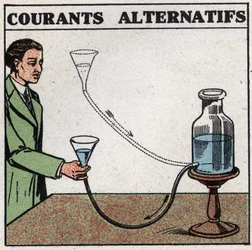 Electrical phenomena: alternating currents. One can get an image of these currents by lifting and lowering a funnel connected to a water vessel. Anonymous illustration from 1925. Private collection.