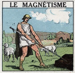 Electrical phenomena: magnetism was discovered in Antiquity. The Greek shepherd Magnes could not detach his iron stick from the ground. He found that this phenomenon came from the attraction of a stone called magnetic oxide or magnetic oxide