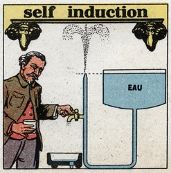 Electrical phenomena: self induction. Suppose a tank higher than a tap and let the water flow occur, then shut down abruptly. The movement of the water will continue for a few moments in the pipe and produce a jet of water whose top will exceed the water l