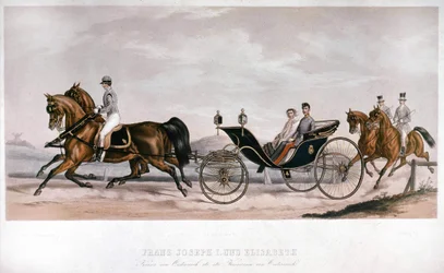Elisabeth (Sissi) and François Joseph I (1830 - 1916) from Austria during a carriage ride. Engraving 19th century. Private Collection