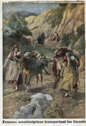 First World War 1914-1918 (14-18): women of Montenegro carrying wounded men in wartime on the backs of mules or on their own shoulders. Engraving in “Le Petit Journal”, on 5/12/1915. Private collection.