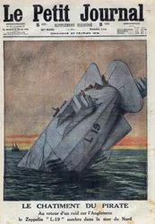 First World War 1914-1918. On the return of a raid on England, the Zeppelin L-19 of the German Air Force failed in the North Sea. In Le Petite Journal, on 27/02/1916. Private Collection