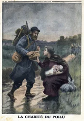 First World War 1914-1918. The charity of the hairy: a French soldier on a path halts to offer bread to a woman alone with her baby. In Le Petite Journal, on 9/01/1916. Private Collection