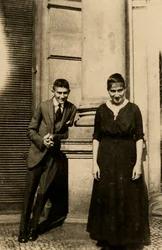Franz Kafka with his sister Ottla before Oppelt House in Prague, c. 1914