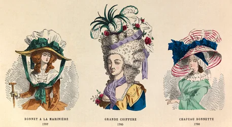 From Left to Right: Sailor Hat in 1787; Grand Hairstyle in 1785 and Bonnet Hat in 1786