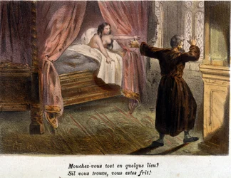 Gallant scene: Monk, in the company of a naked woman in bed, surprised by the arrival of a person, tries to hide. Colour engraving of the 19th century
