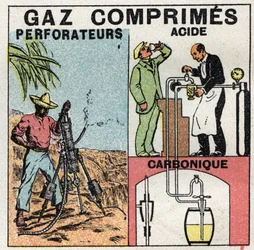 Gas pressure: gas pans used for compressed air drills and in the manufacture of beer. Anonymous illustration from 1925. Private collection.