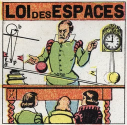 Grainness: law of spaces. Galileo Galilei (1564-1642) observes the movement of a ball on an inclined plane to study the fall of bodies. Anonymous illustration from 1925. Private collection.