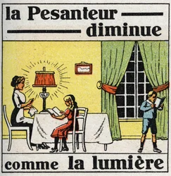 Gravitation: law of the square. Gravity decreases like light. Anonymous illustration from 1925. Private collection.