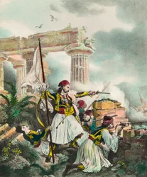 Greek Independence War against the Ottoman Empire: the banner rises to Salona by Nickolaki Mitropolos after the uprising of 25/03/1821