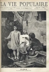 In a workshop, a young model in a shirt and sock wearing a small feather hat, poses for a painter, settles at his easel, holding his palette and brushes, applies to his sketch. Illustration by Alfons Maria Mucha