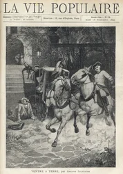 In front of the staircase of a small castle, a young rider arrives in the courtyard at full speed, spurring his horse and panicking the horses of the carriage parked by the gate, a large man wearing a powdered wig stretches on the ground after a fall due