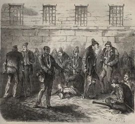 Infirm forces at the Toulon Bagne in the 19th century. Engraving in Histoire des bagnes depuis leur création à nos jours (1877) by Pierre Zaccone. Private collection.