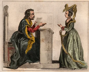 Jehan Pastoret, President of the Paris Parliament under the reign of Charles V with a noble woman, wearing a liripion. Engraving from 1859 in 