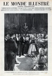 Journey of Sadi Carnot (1837-1894) to Savoy: the President of the Republic is welcomed in Chambery by young girls offering him a bouquet of flowers. Engraving in Le monde illustree of 1892. Private collection