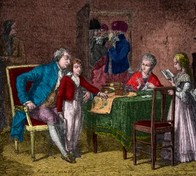 King Louis XVI and the royal family kept in the temple under the supervision of the revolutionaries (engraving) - private collection