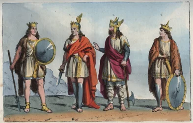 The Merovingians - Merovingian dynasty - Pharamond or Faramund - Chlodio (Clodius, Clodion, Cloio or Chlogio), Chlodio the Long-Haired (ca. 390-ca. 450) - Merovech (Mérovée or Merowig, ca. 412-457) and Clovis (ca. 466-511) - engraving from “Usi e Costumi