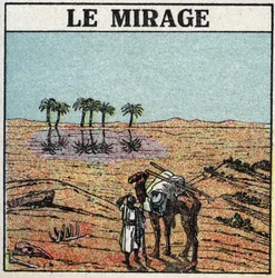 Light refraction: mirage. Atmospheric refraction gives the illusion of an oasis appearing in a desert. Anonymous illustration from 1925. Private collection.