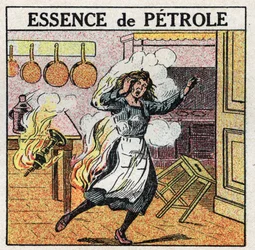 Light sources: a woman caught fire while manipulating a lamp using oil petrol. Anonymous illustration from 1925. Private collection.