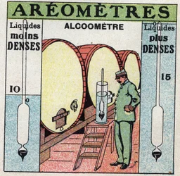 Liquid balance: measures the density of an alcohol with an alcoholometer (an aerometer used for alcohol). Anonymous illustration from 1925. Private collection.