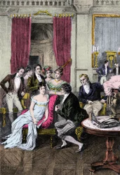 Literary Salon: Around Madame Recamier - Madame Juliette Recamier (1777-1849) surrounded by literary and political personalities: Charles Nodier (1780-1844), Francois Rene Viscount de Chateaubriand (1768-1848), Sophie Gay (1776-1852), Benjamin Constant