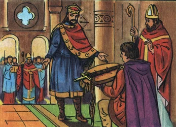 Louis I the Pious or the Debonnaire (778-840) returned to possession of his sword confiscated by the clergy. Anonymous illustration in 