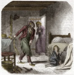 Louis XVII (1785-1795) at the Temple, with his jailer the shoemaker Antoine Simon. Engraving in Histoire des Girondins by Alphonse de Lamartine (1790-1869) 1865-1866. Private collection