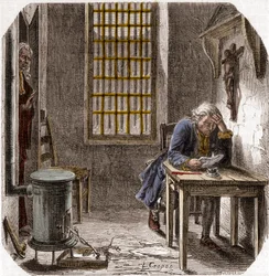Louis XVI (1754-93) Reading his Last Will and Testament in the Temple 1792 - Louis XVI reading his will in the tower of the Temple on 25 December 1792 - Engraving in Histoire des Girondins by Alphonse de Lamartine (1790-1869) 1865-1866 - Private collection