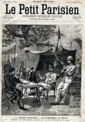 Marchand Mission Camp: Jean-Baptiste Marchand (1863-1934), Captain Baratier on his left and Lieutenant Victor Emmanuel Largeau (1867-1916) and Captain Germain on his right. In Le Petit Parisien on 26/12/1897